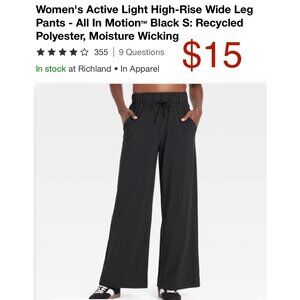 Women's Active Light High-Rise Wide Leg Pants - All In Motion Black SIZE SMALL